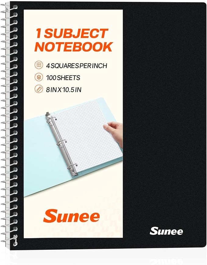 SUNEE Spiral Notebook, 1-Subject, Graph Ruled Paper, 8" x 10-1/2", 100 Sheets per Notebook, 3-Hole Punched Paper, Water Resistant Cover, Spiral Grid Notebooks for Work, Home, School, Writing, Black