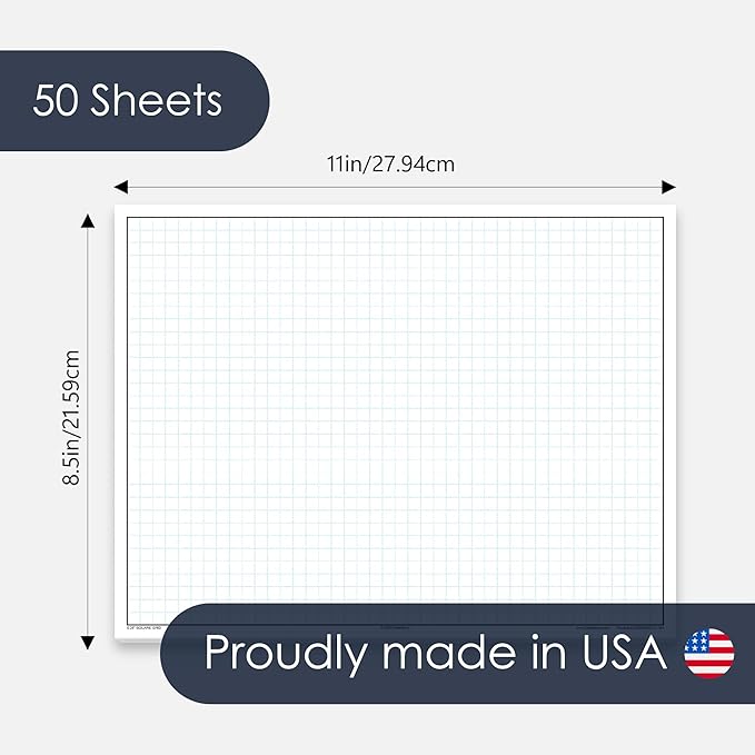 GeekNavy 8.5" x 11" Quadrille Graph Paper 50 Sheets Landscape - 0.25" 4x4 Square Grid, Blueprint, High Brightness, Border-Outlined, Drafting (1-Pack)