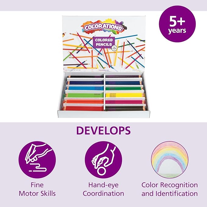 Colorations Color Pencils, Set of 240, Pre-sharpened, 12 Colors, Thick Core, Hexagonal, Harvested Wood, Classroom Supplies