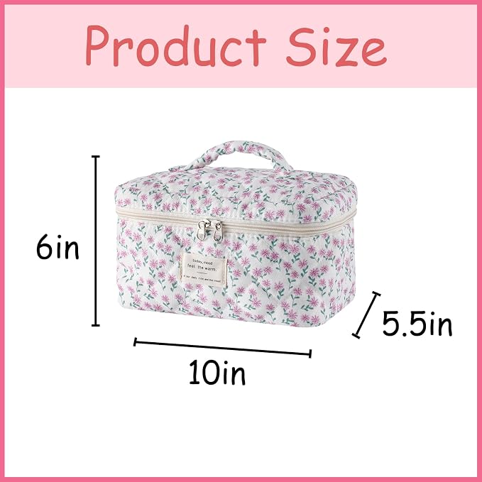 uekeboag Large Travel Quilted Makeup Bag for Women | Soft Floral Cotton Cosmetic Bag, Foldable Coquette Aesthetic Toiletry Organizer