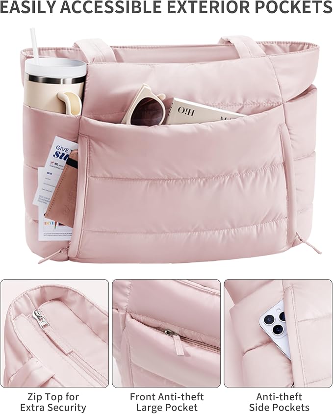 Bagstellar Puffer Tote Bag for Women, Lightweight Puffy Work Handbag Teacher Nurse Quilted Shoulder Bag for School Travel Gym | Cloud Bag w/ Zipper