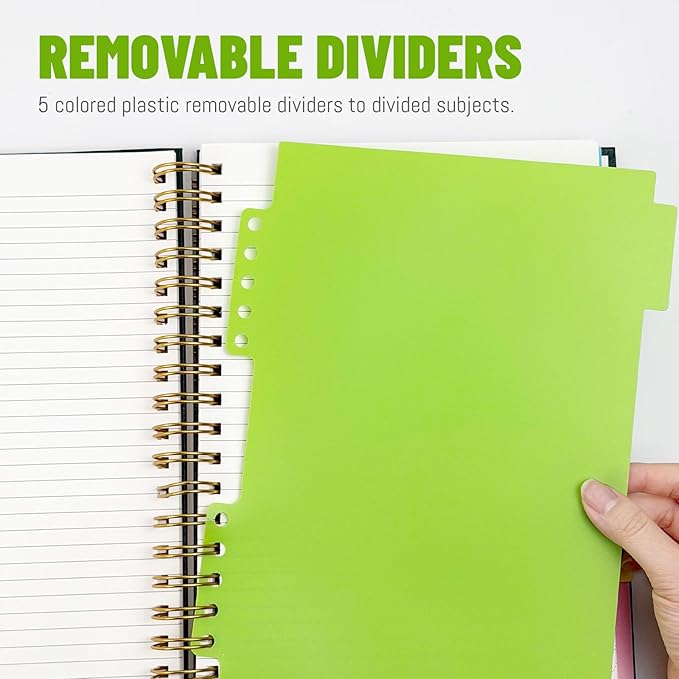 Hardcover Spiral Notebook with removable dividers 300 page,5 Subject Notebook 8"x10" B5 College Ruled Notebooks for School Note taking，Lined Journal for Women (Green)