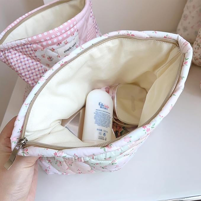 Sminra Floral Makeup Bag Large Cotton Quilted Cosmetic Makeup Bag Organizer, Cottagecore Aesthetic Portable Pouch Purse Toiletry Bag for Women Girls Travel accessories