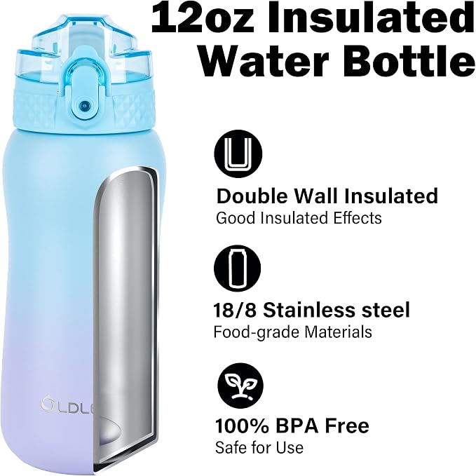 Oldley Insulated Water Bottle 12oz Kids Water Bottles with Straw, Stainless Steel Water Bottle with 2 Lids,Double Wall Vacuum Bottle, Leak-Proof Sport Bottles for School Travel, Ombre Blue-purple