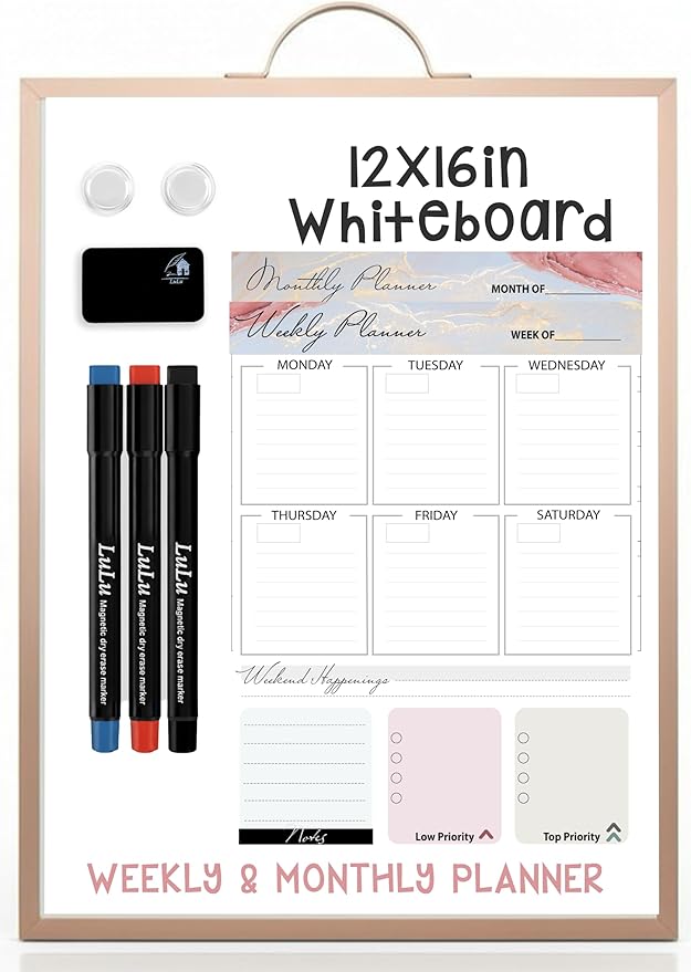 Magnetic Dry Erase Board 12x16 with Handle, Double Sided Portable Rose Gold Whiteboard for Home, Office, School & Kitchen, Includes Weekly & Monthly Magnetic Planner Sheets