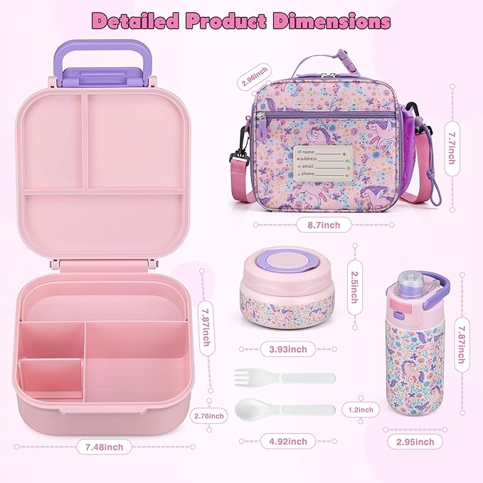 Bento Lunch Box for Kids with 7oz Soup Thermo,Insulated Stainless Steel Kids Water Bottle with Straw and Insulated Lunch Bag,Leak-Proof Lunch Food Container with Ice Pack for School (Pink-Horse)