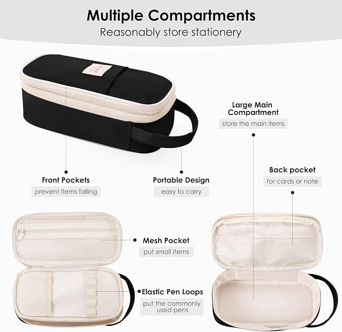 SKYDUE Black Pencil Case for Girls & Boys - Aesthetic Pencil Bag with Multi-Compartment, Large Capacity Zippered Pencil Pouch for School Supply