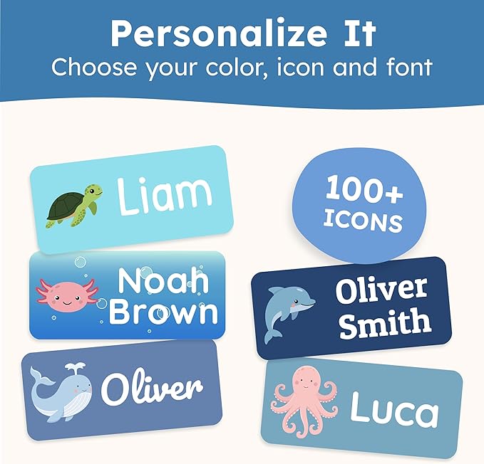 Personalized Name Labels for Kids (140 Labels) - Durable & Waterproof Custom Name Stickers for Clothing Tags, School Supplies, Camp & Daycare - Playful Sea (1.2”x0.5”)