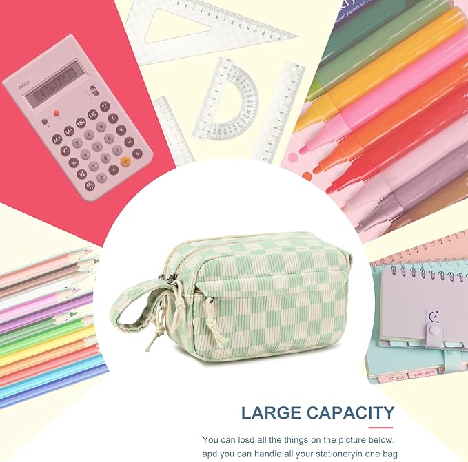 Bluboon Big Capacity Pencil Case Pencil Pouch Pen Case School Supplies Cute Pencil Box Pencil Bag for Teen Girls Boys Women Man (Green White Checkered)