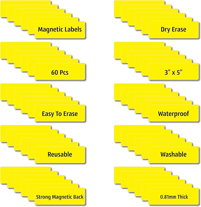 IMAGAME Magnetic Dry Erase Magnets Labels 3x1 inches, Reusable Name Tags, Organizing Schedules in Office/Classroom. Work on Fridge/White Board (Yellow 60Pcs)