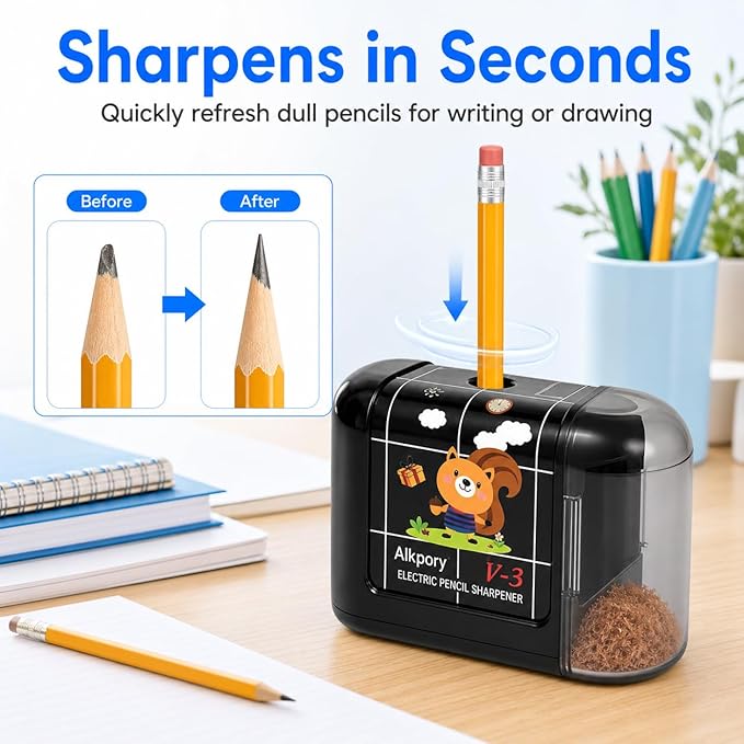 Battery Operated Electric Pencil Sharpener for Kids, Auto Stop Safety Switch, Fast Pencil Sharpener for No.2 and Colored Pencils, Portable Desk Sharpener for School, Home, Office, Black