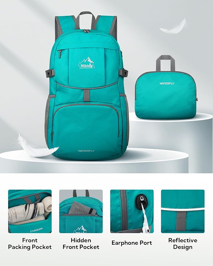 WATERFLY Hiking Packable Daypack Backpack: 35L Ultra Lightweight Day Pack for Women Men - Large Foldable Back Pack for Outdoor Sport Cycling Camping Travel Trip - Turquoise