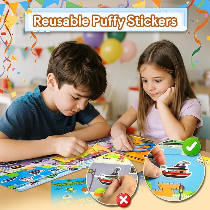Reusable Sticker Books for Toddlers 1-3, Puffy Stickers Book for Kids Ages 2-4, Toddler Travel Toys for Birthday Christmas - Animal, Marine, Dinosaur, Traffic, Space, Organ (6 Set)