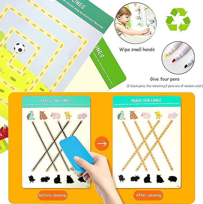 Tiiano Preschool Learning Activities for 3+ Year Olds, Toddler Handwriting Practice Workbook with 4 Dry Erase Markers, Montessori Learning for Ages 3+, Kindergarten Readiness
