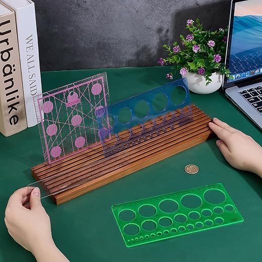 PH PandaHall 9-Slot Wooden Quilting Ruler Organizer, Ruler Holder Storage Rack Rulers Stand for Quilting Rulers 4mm Grid Ruler Holder for Home Sewing Accessories and Supplies, Brown, 14.9x3.9 inches