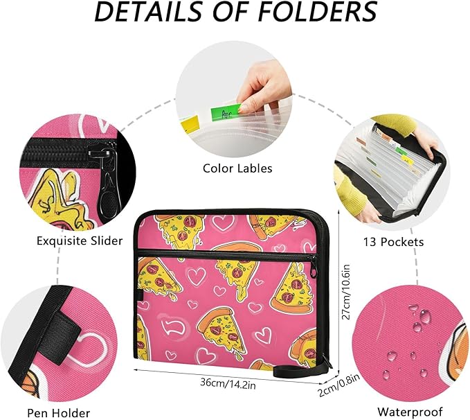 Pizza Pink Love Pattern 13 Pocket File Organizer Expanding File Folder with Front Pouch Portable Business File Storage Document Organizer Folder with Zipper