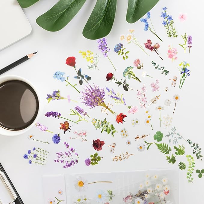 160Pcs Natural Flower Stickers for Scrapbooking,Self-Adhesive Transparent Flower Stickers Scrapbook Supplies Journaling Supplies for Adult Card Making Letters DIY Water Bottle Cards Decoration (160)