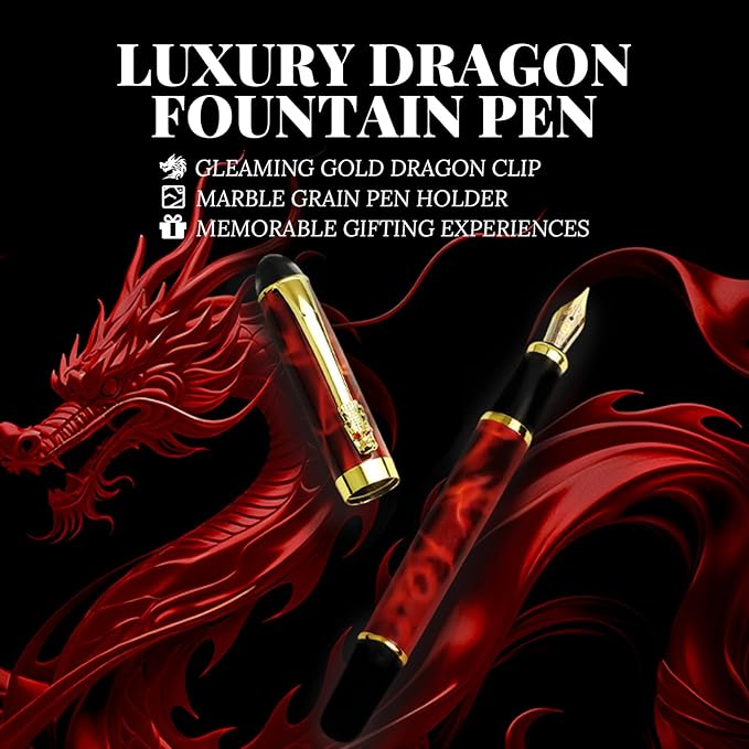 YUNCHUN Red Dragon Fountain Pen for Writing, Refillable Luxury Metal Pens, Fancy Ink Pen with 10 Black and 10 Blue Ink Refills, Gift Sets for Men and Women, Business Writing Pen with Marble Grain