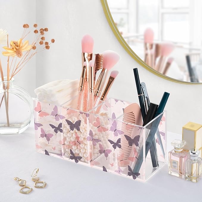 Aslsiy Butterfly (31) Pen Holder for Kids 4 Compartments Acrylic Pencil Holder Clear Makeup Brush Holder Desk Organizer Office Supplies