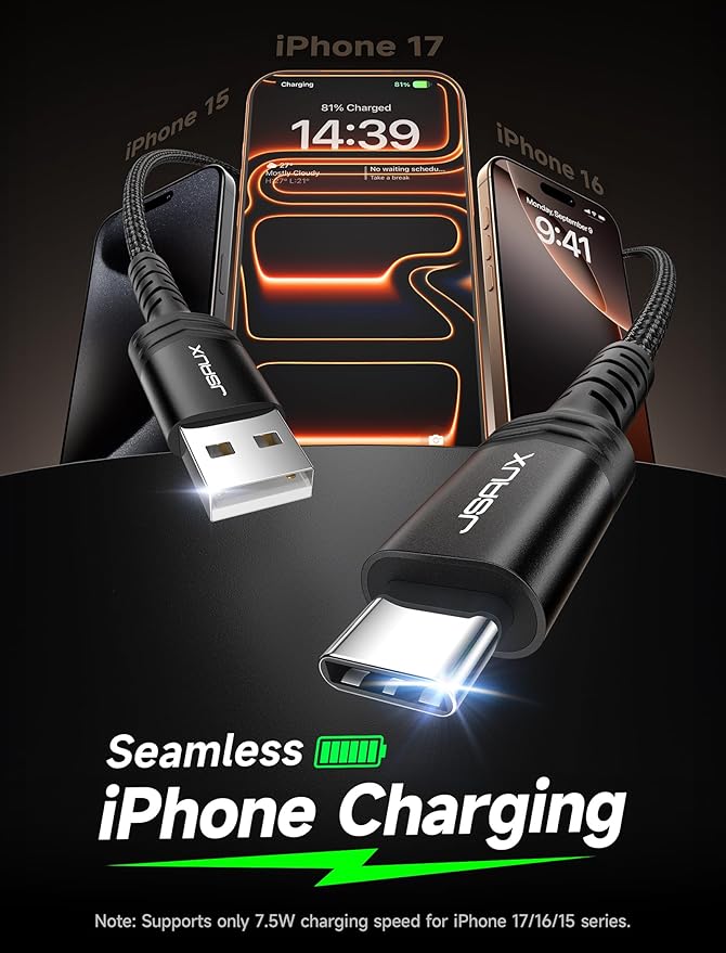 JSAUX USB C Cable 4-Pack [10ft+6.6ft+3.3ft+3.3ft], USB A to Type C Fasting Charging Cord Compatible with iPhone 16/16 Pro/16 Pro Max/15, Samsung Galaxy S24 S23 S22 Note 20 10 Black