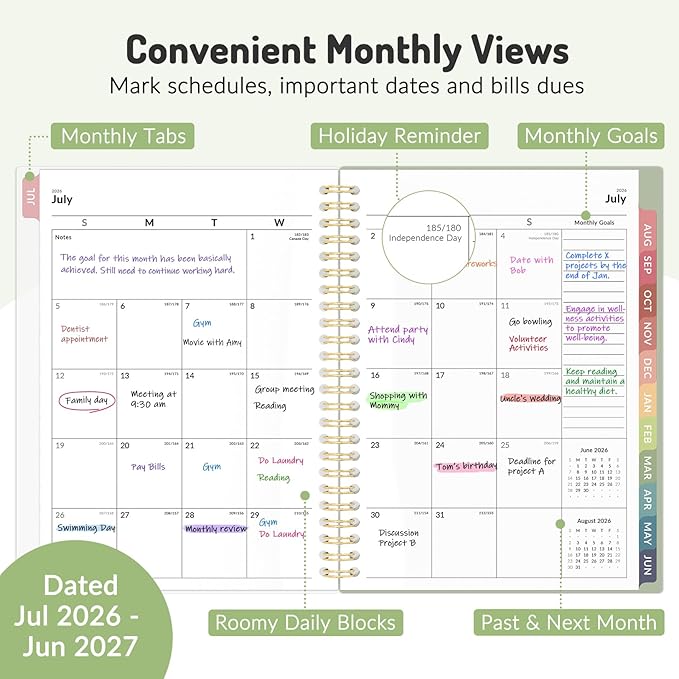 Forvencer Planner 2026-2027, July 2026 - June 2027, 6.3" x 8.4" Academic Planner Monthly and Weekly Calendar Planner with Spiral Bound, Month Tabs, Flexible Cover for School Office (A5, Green)