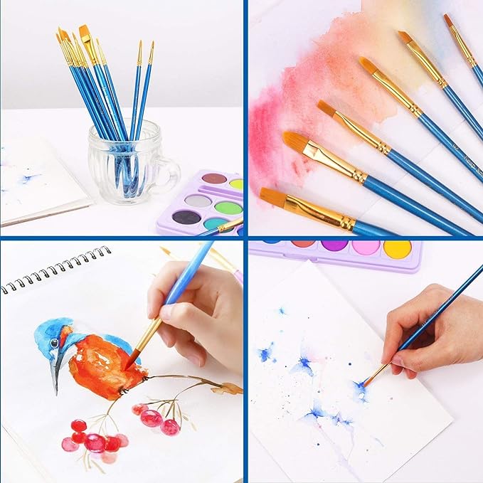 AROIC Paint Brush Set, 10 Pack 100 Pcs Acrylic Paint Brushes Artist Paint Brushes for Oil Watercolor Acrylic Face Rock Painting（Blue）