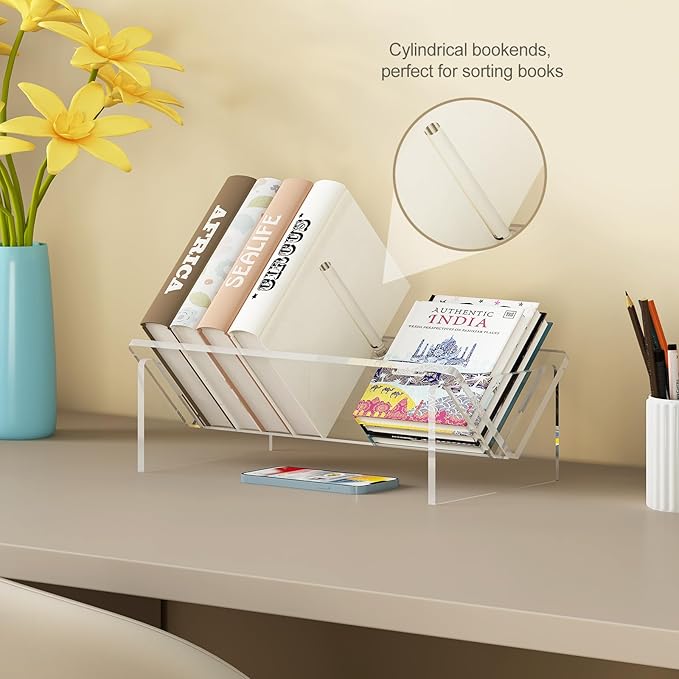 Clear Acrylic Small Bookshelf,Desk Bookcase for Kids Space-Saving Book Holder,Slanted Transparent Mini Book Storage Rack for Office Bedroom Living Room