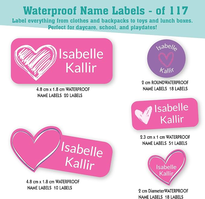 Personalized Daycare Name Labels for Kids (117 Labels) - Custom Durable Waterproof Name Stickers for Clothing Tags, Water Bottles, Lunch Boxes, and School Supplies - Dishwasher, Washer