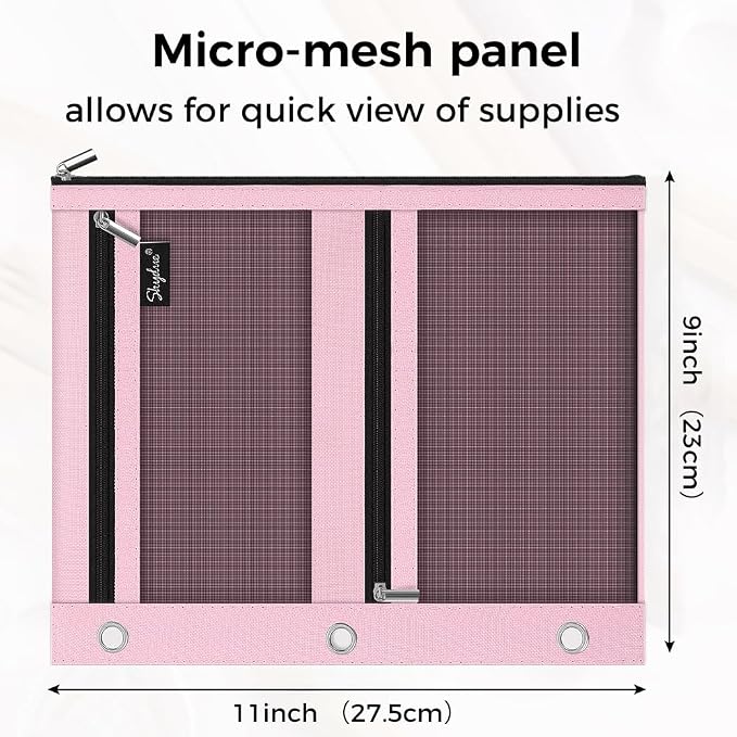 SKYDUE Pencil Pouch for 3 Ring Binder, 11"x9", 3 Pockets and Mesh Window | Zipper Pink Pencil Pouch Pencil Bag with 3 Reinforced Grommets, Organizer for School Supplies, Cables, Earbuds, Makeup