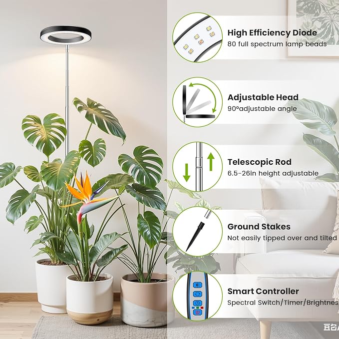 Kullsinss 6.3in Grow Light, Full Spectrum Plant Lights for Indoor Growing | Black Grow Lamp with 6/12/16H Auto Timer, 5 Brightness Level, 10-60in Height Adjustable, for Tall Houseplants & Indoor Garden