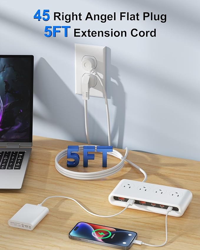 Power Strip with USB C 35W,10-in-1 Flat Plug Wall Charger - 5FT Extension Cord with 4AC, 3 USB A & 3 USB C - PD20W Charging Station for Multiple Devices - Travel Home Office (White)