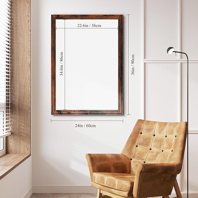 4 THOUGHT Dry Erase Board, 36" x 24" Magnetic Whiteboard Brown Vintage Wood Frame Wall-Mounted White Board Decorative Notice Board School, Office, Home, 8 Magnets 4 Markers 1 Eraser