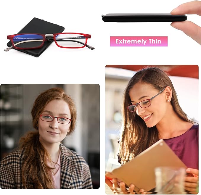 SKYOAK Evolved Folding Reading Glasses For Women Men Blue Light Blocking Anti UV Eyestrain Foldable Portable Compact Readers with Flat Hard Case Pocket Computer glasses 1.5 RED