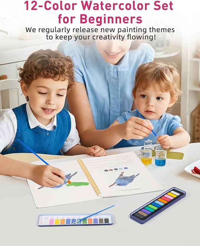 Dancart 2 Pack Beginner Watercolor Painting Set, 10.2" X 8.2" Watercolors Books with 12 Colors & 3 Brushes, Outlined Sketchbook & Guide for Beginners, Adults, Teens (Cat & Bird)