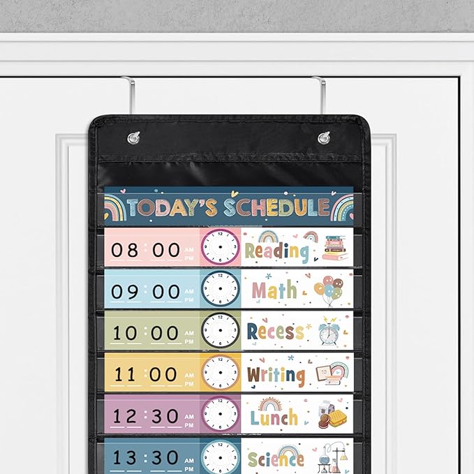 Boho Daily Schedule Pocket Chart for Classroom, 13+1 Pockets with 42 Designed Schedule Cards, Black Classroom Kids Daily Schedule Pocket Chart for Home Office Back to School Classroom Decorations