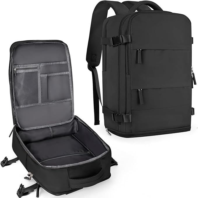 coowoz Travel Backpack For Women Men,Carry On Backpack Flight Approved,Hiking Backpack Water-Resistant Outdoor Sports Rucksack Casual Daypack Fit 15.6 Inch Laptop Shoes Compartment (Black)