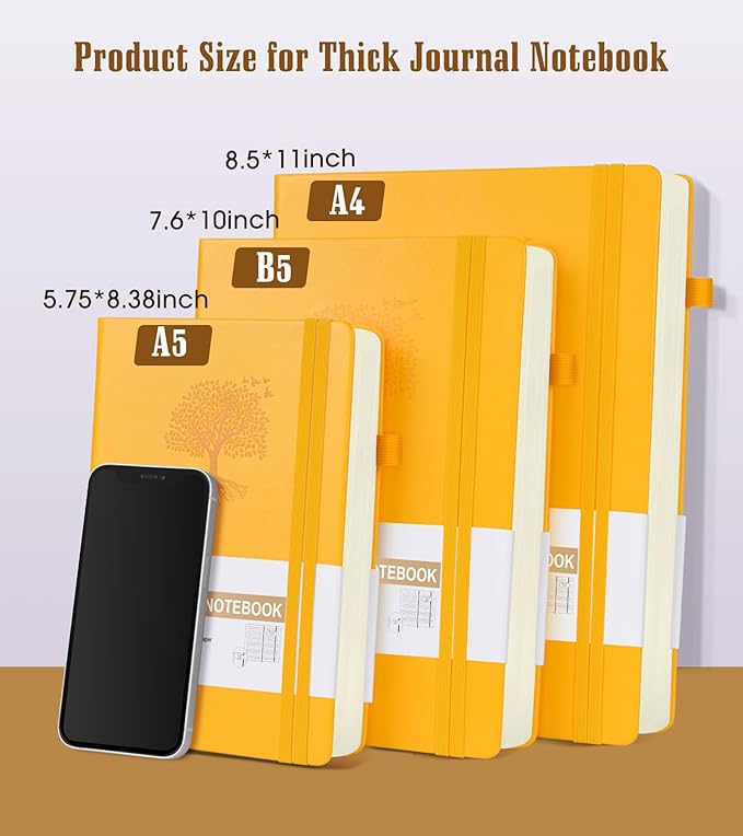 Lined Journal Notebook -365 Pages A5 Thick Journals for Writing College Ruled Notebook, Hardcover Leather Journal for Women Men, Daily Journal Notebook for Work, Note Taking, 100Gsm Lined Paper ( 5.75'' X 8.38'' Yellow)
