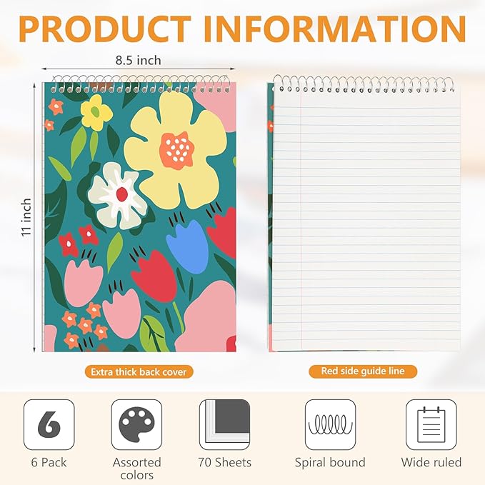Resurhang 6 Pack 8.5 x 11'' Top Bound Office Steno Book Wide Ruled Double Sided Spiral Notebooks Reliable White Paper 70 Sheets/Pad Pastel Colors Covers for Writing School Notes (Floral Color)
