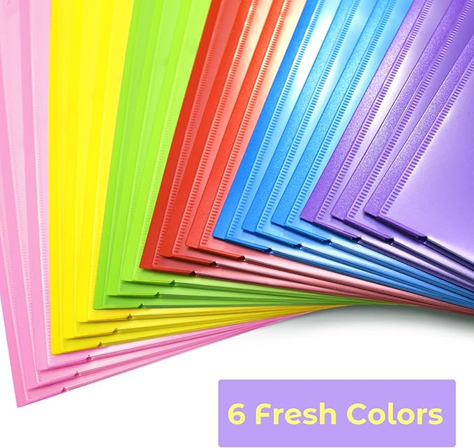 Heavy Duty Plastic Folders with Clear Front Pocket - 6PCS, 3 Pockets Folders with Prongs and Card Slot, for Letter Size Sheets, Bright Colors