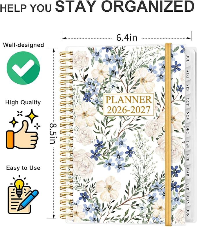 Academic Planner 2026-2027 - Weekly & Monthly Planner from July 2026 to June 2027, Agenda 2026 2027 with Inner Pocket, Elastic Band, 6.4" x 8.5", Crushed Flower