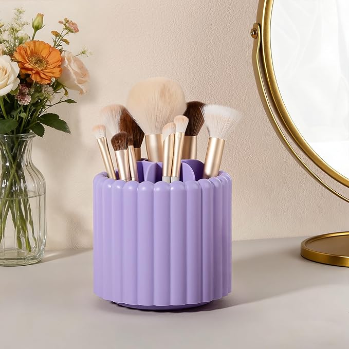 Anyoifax 360° Rotating Pen Holder 7 Slots Desk Organizer Removable Pencil Cup Plastic Art Supplies and Accessories Desktop Storage Box Caddy for Office, School, Home (Purple)