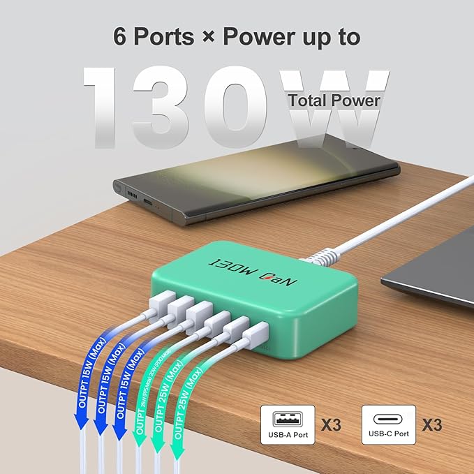 [2026 Upadated] 130W Charging Station 6-Port Type C Fast Charger Block Charging Station Multiport Adpater for iPhone 17/16/15/14/13/Pro Max/Plus iPad mini/Pro Galaxy S26/S25 5ft Power Cord-Blue