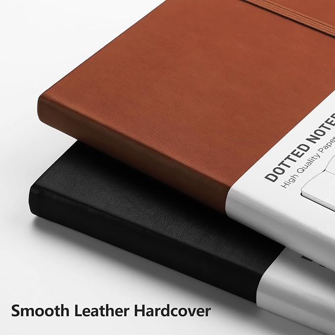 RETTACY Dotted Journal Notebook, 256 Pages, A5 Medium Size (5.7'' × 8.3''), Leather Hardcover, 120 GSM Thick Paper, for Journaling, Planning, Tracking (Brown)