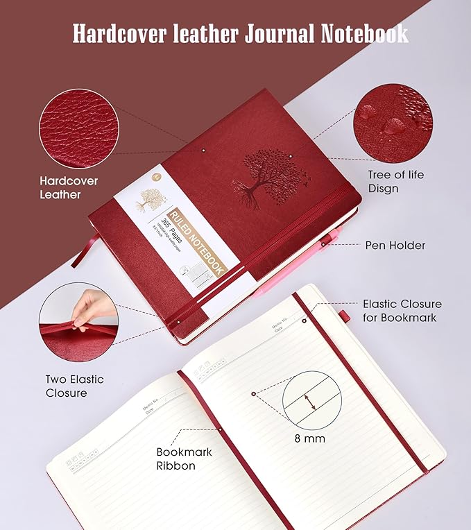 Lined Journal Notebook, 365 Pages A4 Big Journals for Writing College Ruled Notebook, Hardcover Leather Journal for Women Men, Daily Notebook for Work, Note Taking, 100Gsm Thick Paper( 8.5" x 11"Wine)