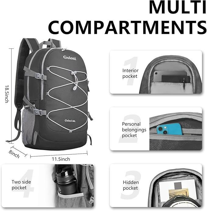 Goloni Ultra Lightweight Packable Backpack 40L - Foldable Hiking Backpack Water Resistant Small Foldable Daypack for Travel,Dark Grey