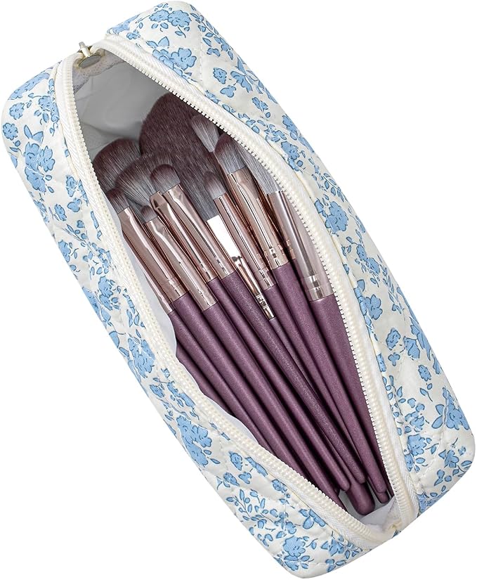 Cute Floral Cotton Makeup Brush Cosmetic Bag for Women, Travel Quilted Zipper Make Up Bag, Flowers Toiletry Organizer Case Kawaii Makeup Cosmetic Travel Cloth Pouch (Blue+Pink Bowknot)