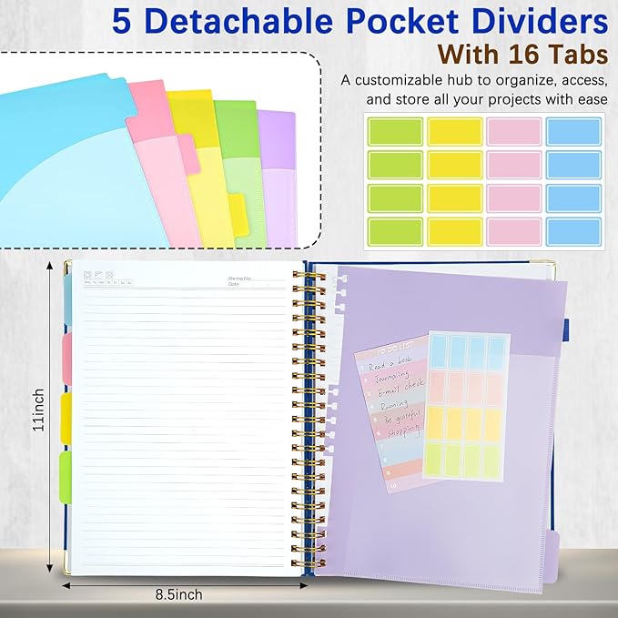 Hardcover Spiral Notebooks for Work 6.2"x 8.2", 300 Pages 5 Subject Notebook with Dividers & Tabs, A5 Spiral Journal for Women, College Ruled Notebook for School Note-Taking (Lake Blue)