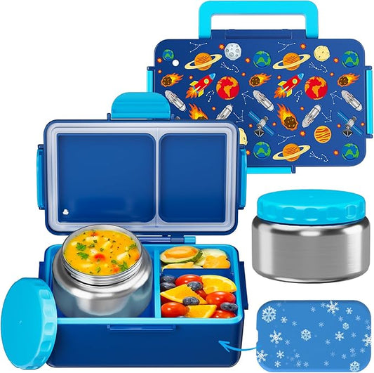 SHPMXUPW Kids Bento Lunch Box – 12 oz Stainless‑Steel Soup Thermo & 3‑Compartment Leak‑Proof Food Container with Built‑In Ice Pack, Insulated Food Jar for Boys & Girls, School & Travel