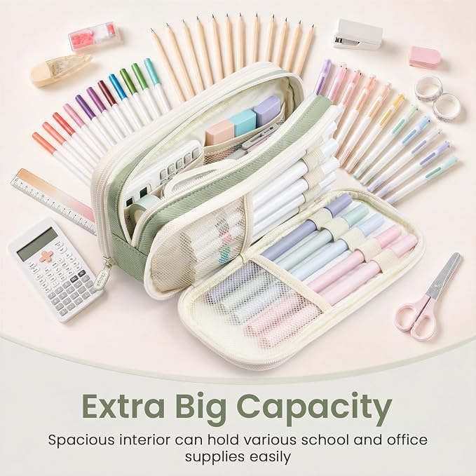 Sooez Large Capacity Pencil Case Pouch, Cute Pencil Pouch Pencil Bag | 3 Compartment, Aesthetic Pen Case with Zipper, Stationery Organizer, School Supplies for Teen Girl Boy Women Men, Green