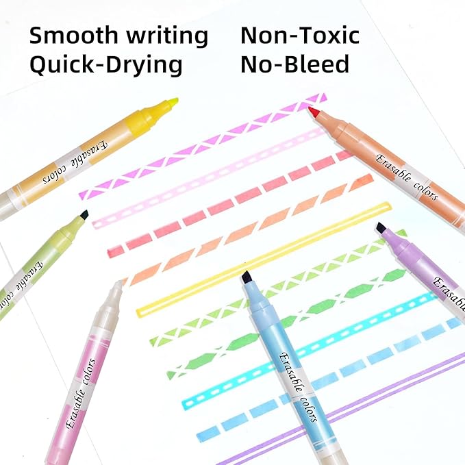 Erasable Highlighters, Dual Tip Bible Highlighters Erasable,Aesthetic Highlighter Assorted Colors,Cute Pastel Highlighter No Bleed Through for School,Journaling,Office,6 Pack Large Capacity